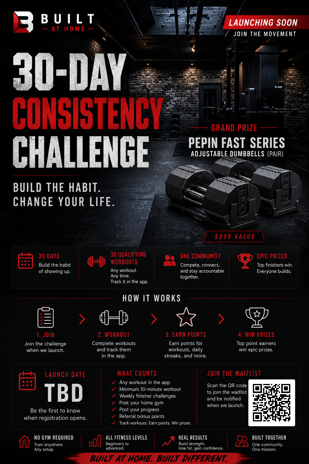 30-Day Consistency Challenge flyer featuring Pepin Fast Series adjustable dumbbells