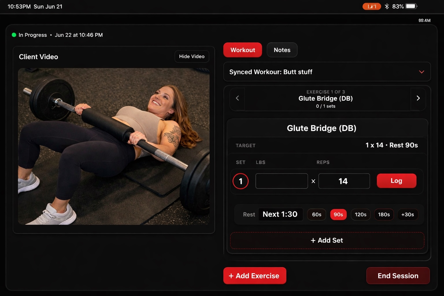 Built at Home live session tablet coaching view with home gym workout