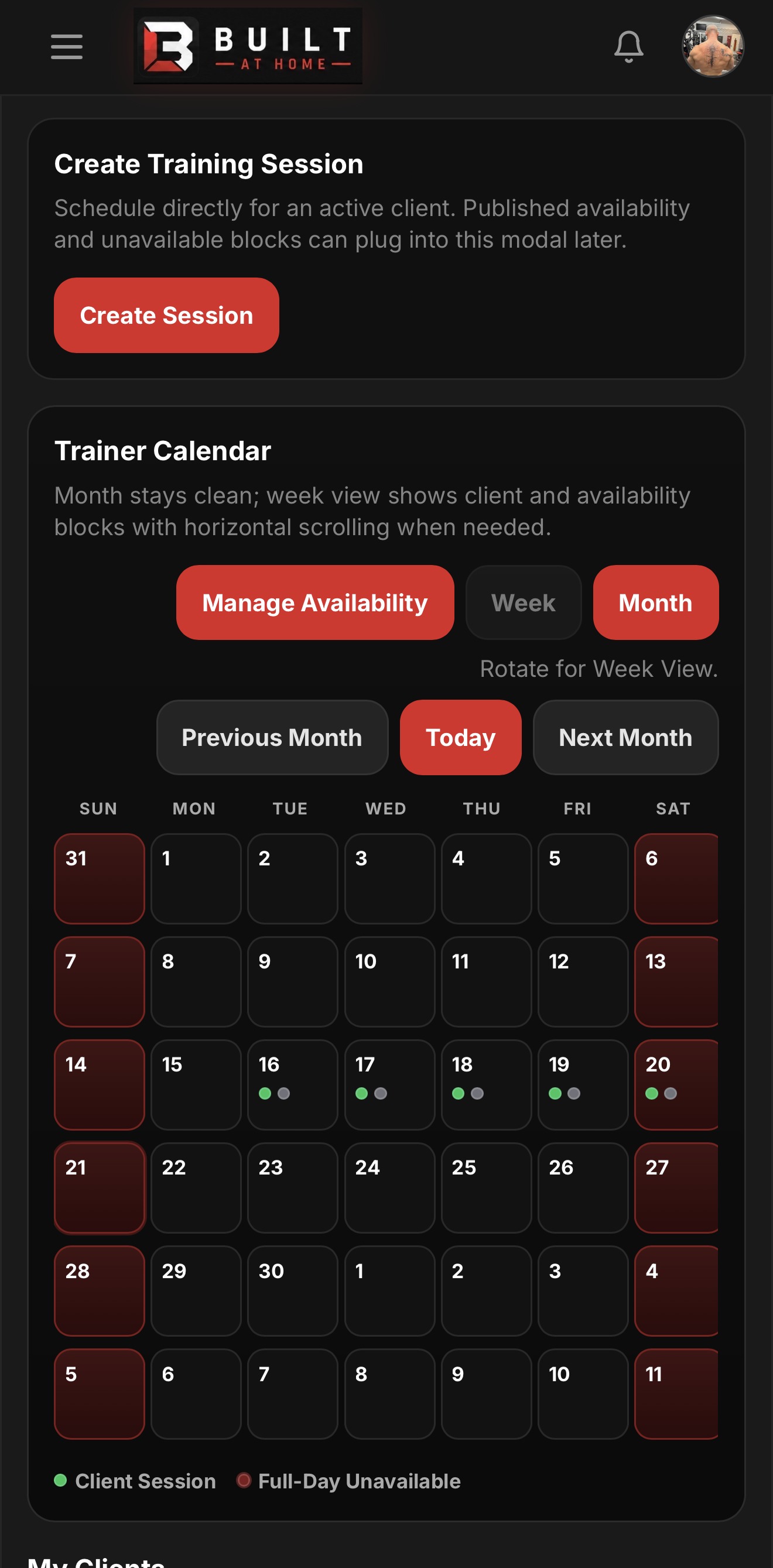 Built at Home trainer calendar screenshot